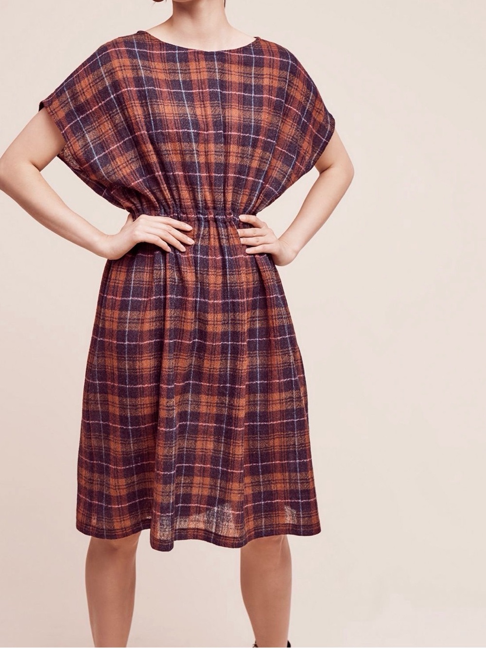 Anthropologie Plaid Short-Sleeve Midi Dress — Brown & Purple